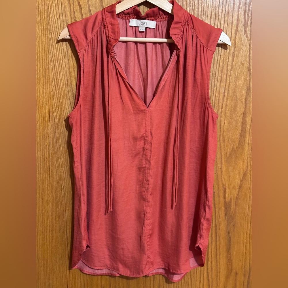 LOFT Coral Red Sleeveless Tie-Neck Blouse